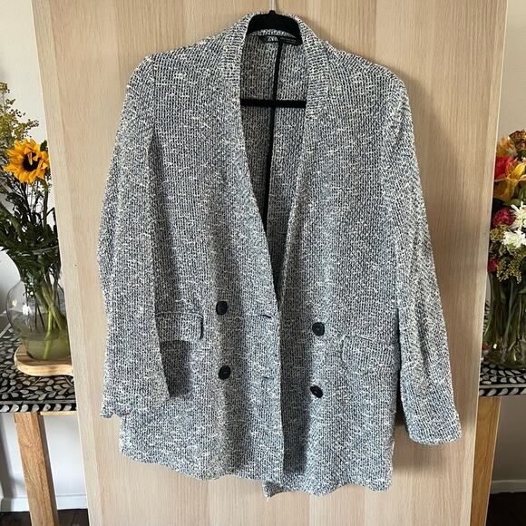 Zara Oversized Blue and White Knit Sweater Blazer - Picture 1 of 4